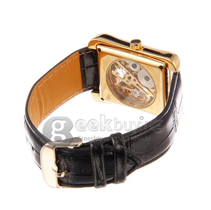 Men's Manually Mechanical Hollow Square Dial Analog PU Wrist Watch - Golden