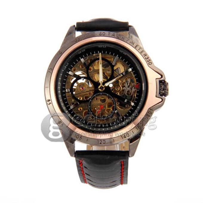 Men's Analog Mechanical Hollow Wrist PU Band Watch - Black