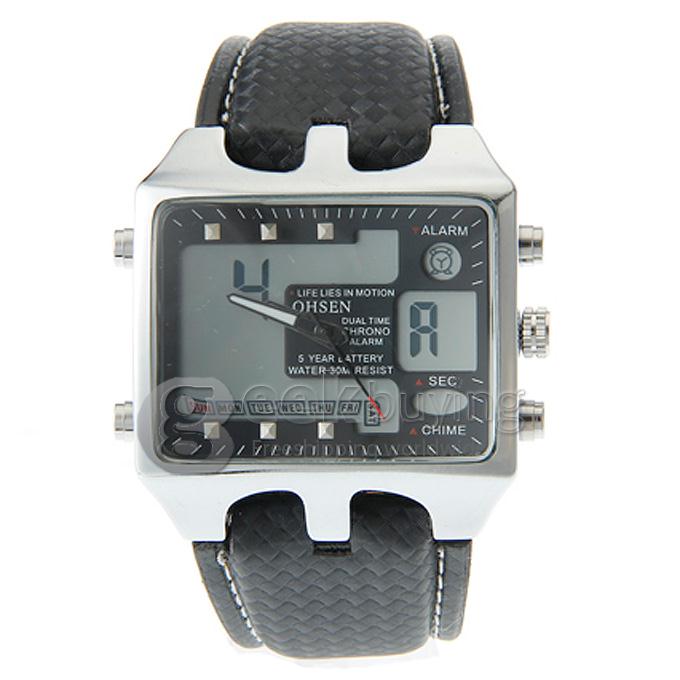 OHSEN AD0930 Analog-Digital Multi-Functional Fashion Dial Unisex Wrist Watch with Black PU Watchband - Black