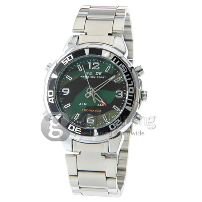 WeiDe WH-843 Analog and Digital Dual-Display Men's Wrist Watch with Silver Steel Watchband - Green