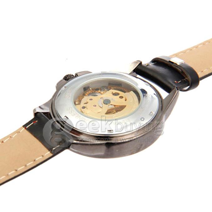 Men's Analog Mechanical Hollow Wrist PU Band Watch - Black