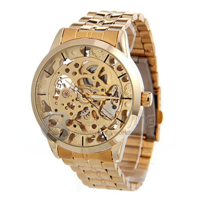 Winner Hollow Round Dial Mechanical Men's Casual Wrist Watch - Gold