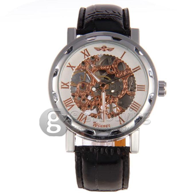 Winner Unisex Semi-Mechanical Hollow Engraving Analog Wrist Watch with Black PU Watchband Silver Case Rose Gold Dial