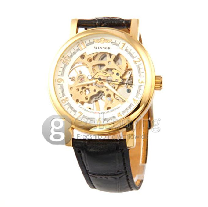 Men's Mechanical Analog Hollow PU Wrist Round Dial Watch - Golden