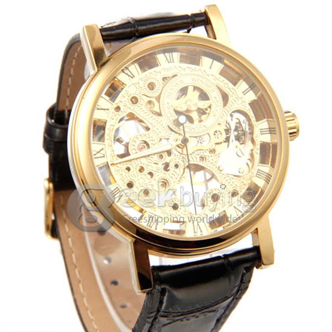 Winner Semi-Mechanical Hollow Engraving Analog Unisex Wrist Watch with Black PU Watchband - Gold