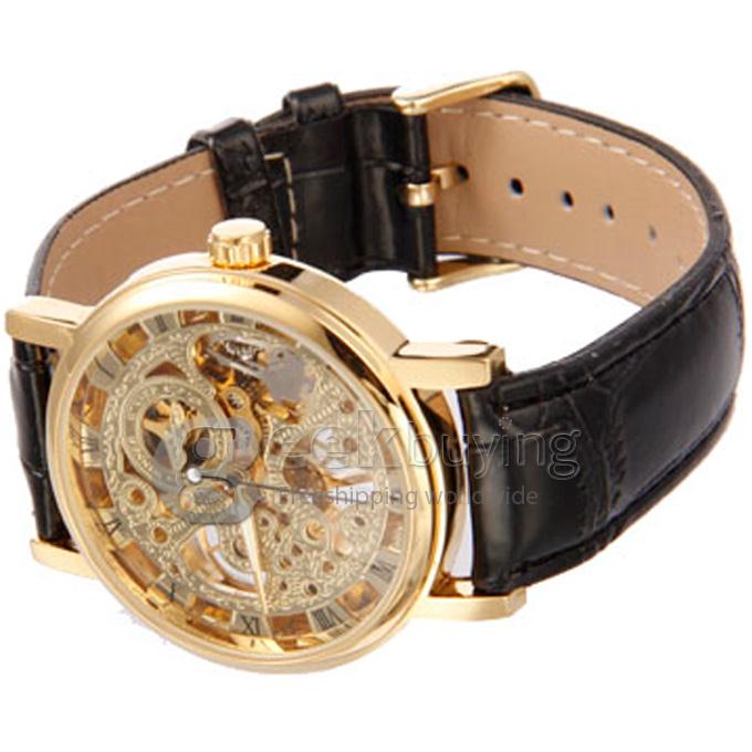 Winner Semi-Mechanical Hollow Engraving Analog Unisex Wrist Watch with Black PU Watchband - Gold