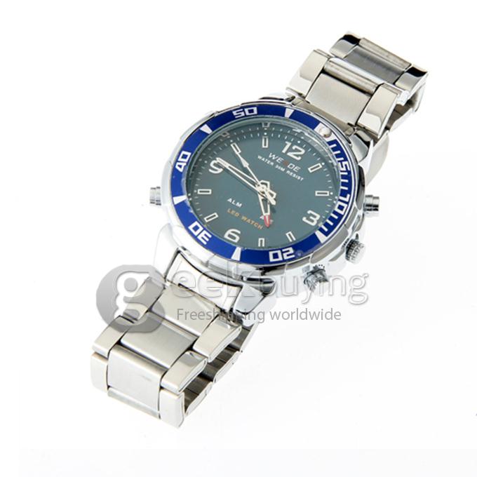 WeiDe WH-843 Analog and Digital Dual-Display Men's Wrist Watch with Silver Steel Watchband - Blue