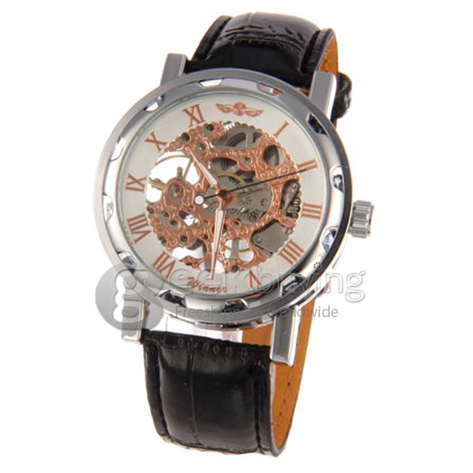 Winner Unisex Semi-Mechanical Hollow Engraving Analog Wrist Watch with Black PU Watchband Silver Case Rose Gold Dial