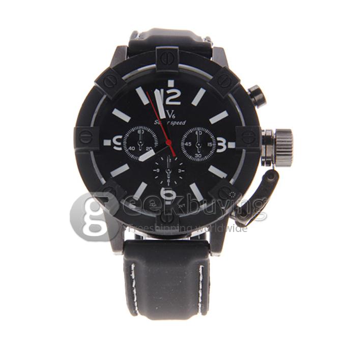 V6 Men's Analog Round Dial Black Silicone Watchband Quartz Wrist Watch - White