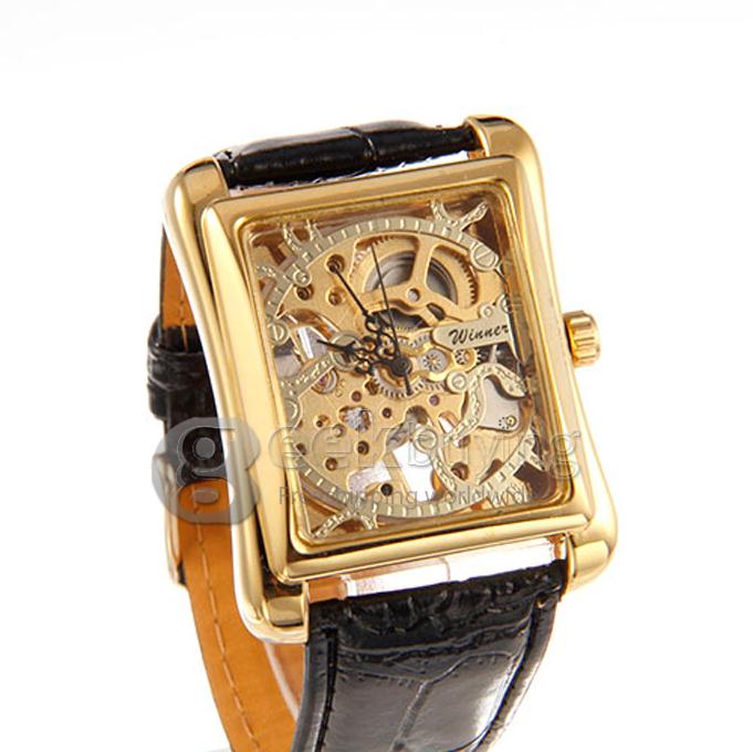 Men's Manually Mechanical Hollow Square Dial Analog PU Wrist Watch - Golden