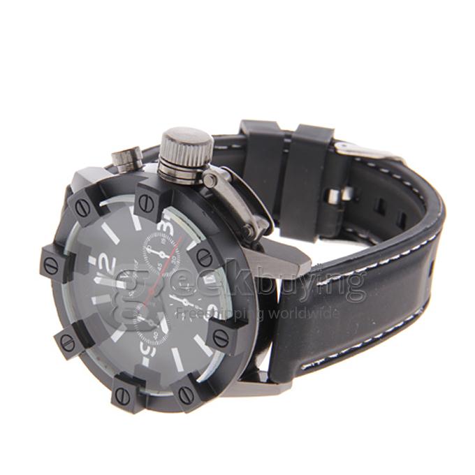 V6 Men's Analog Round Dial Black Silicone Watchband Quartz Wrist Watch - White