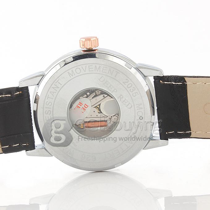 DEEP RED 2173 Hollow Gold Case Round Dial Black Leather Band Unisex Quartz Wrist Watch - Black