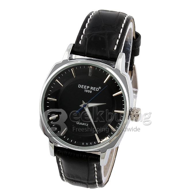 DEEP RED 2116 Hollow Silver Case Round Dial Black Leather Band Unisex Quartz Wrist Watch - Black
