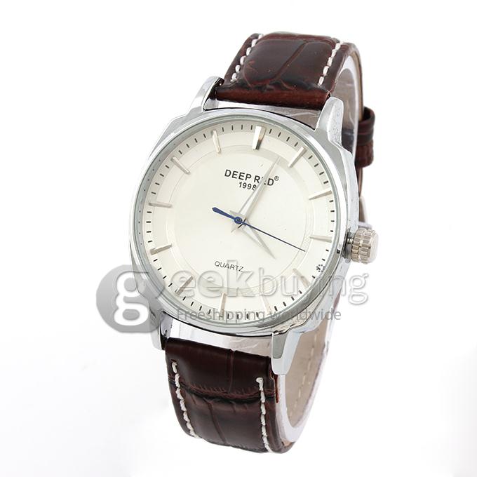 DEEP RED 2116 Hollow Silver Case Round Dial Brown Leather Band Unisex Quartz Wrist Watch - White