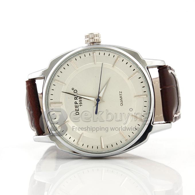 DEEP RED 2116 Hollow Silver Case Round Dial Brown Leather Band Unisex Quartz Wrist Watch - White