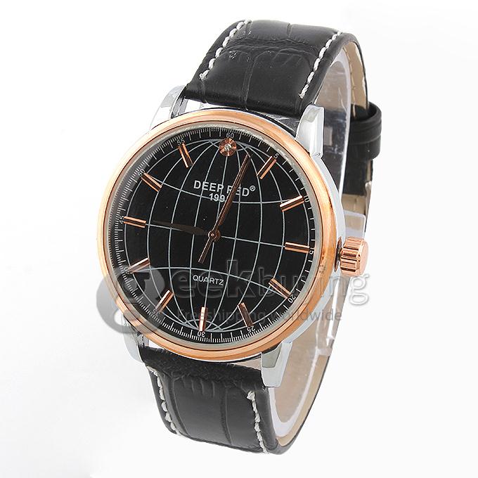 DEEP RED 2173 Hollow Gold Case Round Dial Black Leather Band Unisex Quartz Wrist Watch - Black