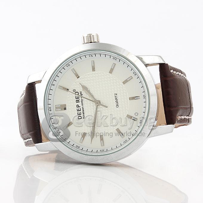 DEEP RED 2267 Hollow Silver Case Round Dial Brown Leather Band Unisex Quartz Wrist Watch - White