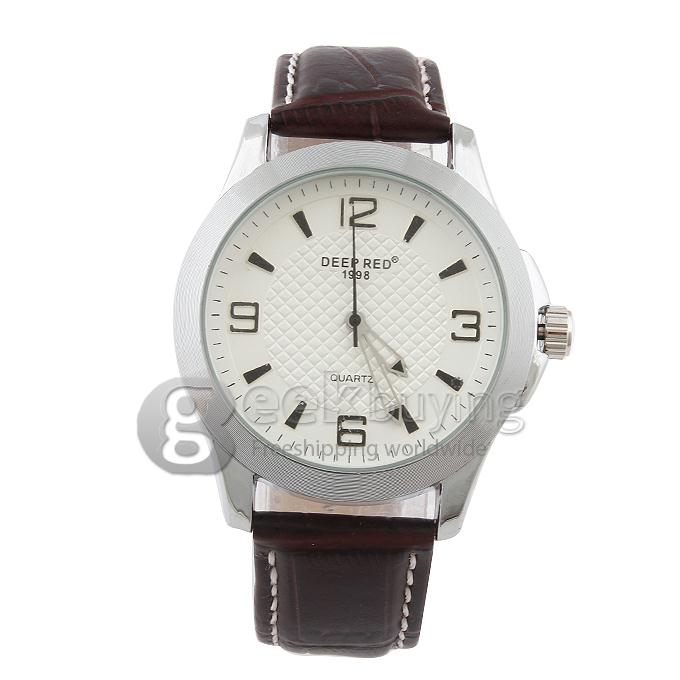 DEEP RED 2129 Hollow Silver Case Round Dial Brown Leather Band Unisex Quartz Wrist Watch - White