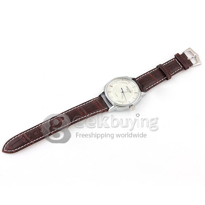 DEEP RED 2116 Hollow Silver Case Round Dial Brown Leather Band Unisex Quartz Wrist Watch - White