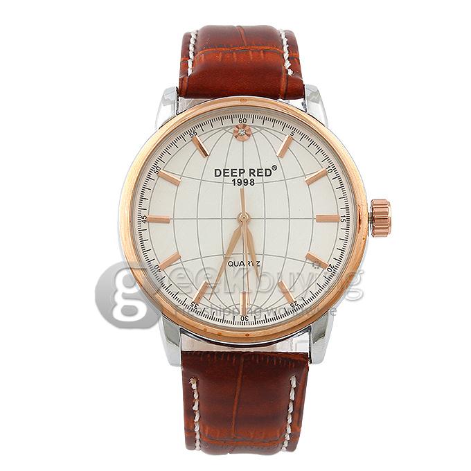 DEEP RED 2173 Hollow Gold Case Round Dial Brown Leather Band Unisex Quartz Wrist Watch - White