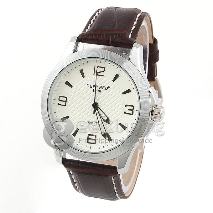 DEEP RED 2129 Hollow Silver Case Round Dial Brown Leather Band Unisex Quartz Wrist Watch - White