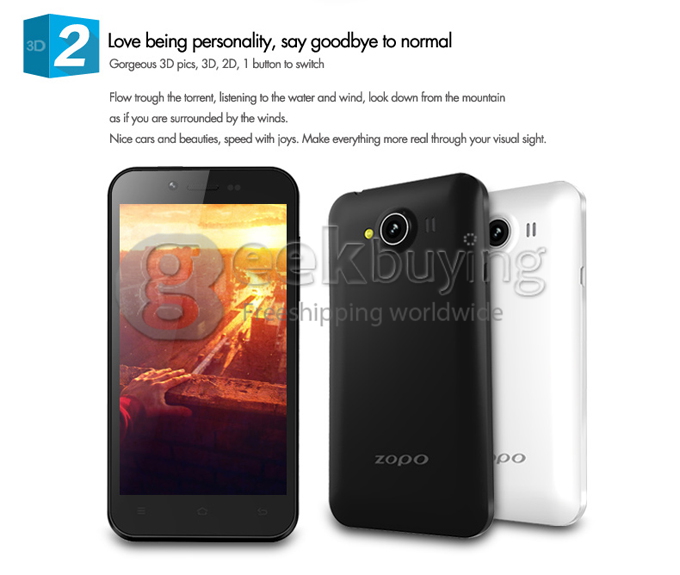 ZOPO ZP600+ 4.3Inch Glass-free 3D Screen MTK6582 Quad Core 1.3GHz 1GB+4GB 5.0MP Camera Android 4.2 3G/GPS/OTG/Wifi - White