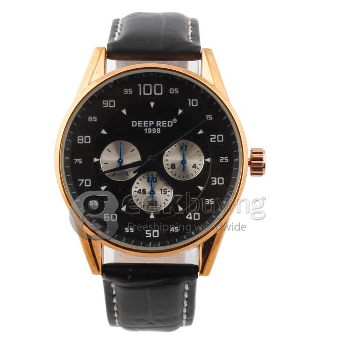 DEEP RED 2130 Hollow Gold Case Round Dial Black Leather Band Unisex Quartz Wrist Watch - Black