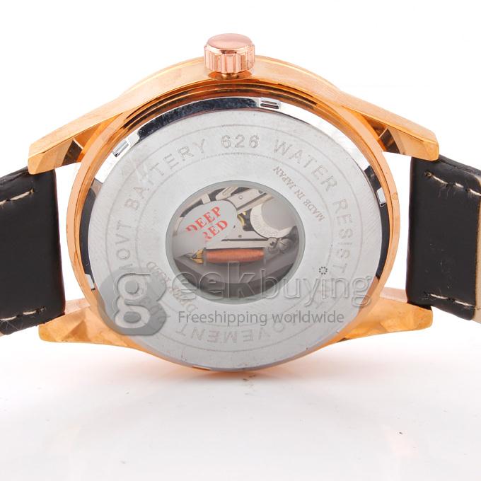 DEEP RED 2130 Hollow Gold Case Round Dial Black Leather Band Unisex Quartz Wrist Watch - Black