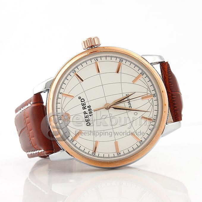 DEEP RED 2173 Hollow Gold Case Round Dial Brown Leather Band Unisex Quartz Wrist Watch - White