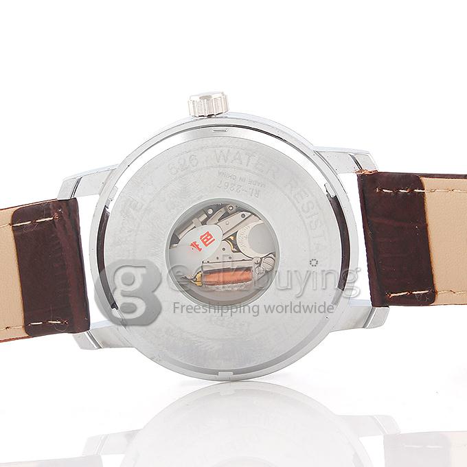 DEEP RED 2267 Hollow Silver Case Round Dial Brown Leather Band Unisex Quartz Wrist Watch - White