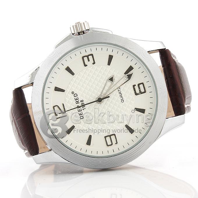 DEEP RED 2129 Hollow Silver Case Round Dial Brown Leather Band Unisex Quartz Wrist Watch - White