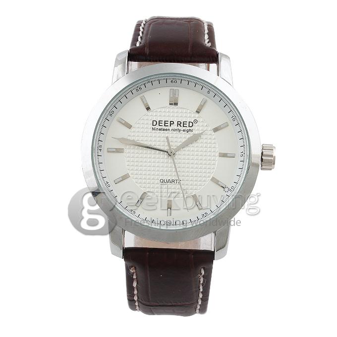 DEEP RED 2267 Hollow Silver Case Round Dial Brown Leather Band Unisex Quartz Wrist Watch - White