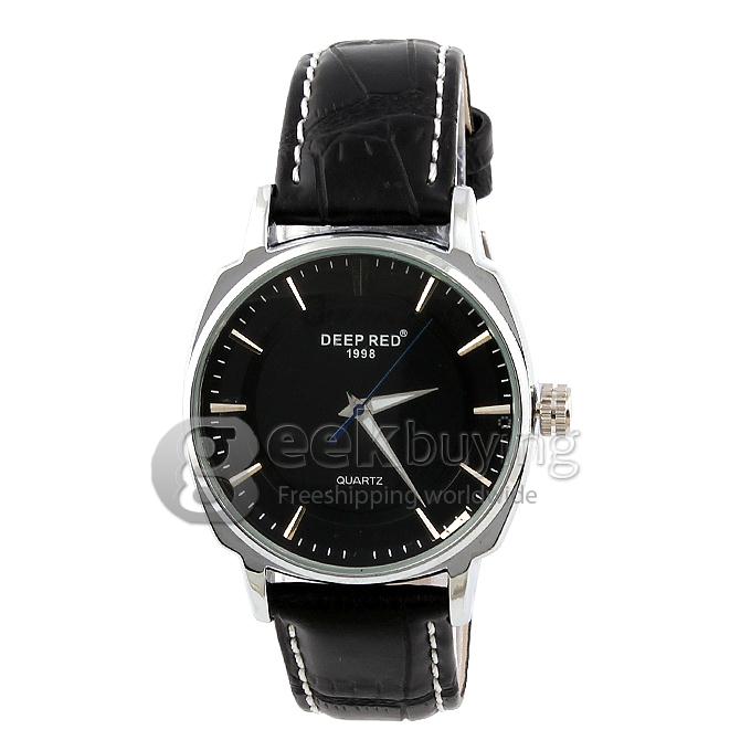 DEEP RED 2116 Hollow Silver Case Round Dial Black Leather Band Unisex Quartz Wrist Watch - Black
