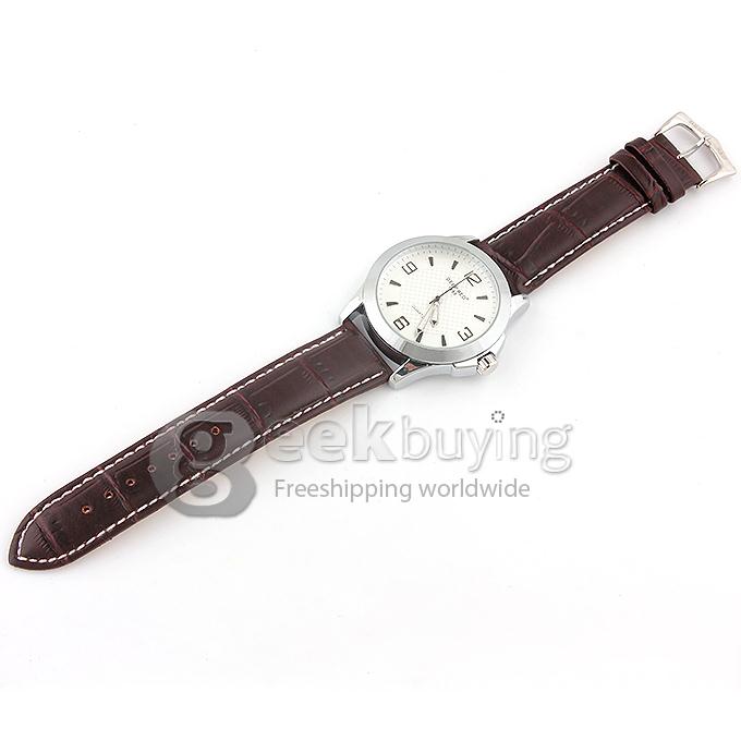 DEEP RED 2129 Hollow Silver Case Round Dial Brown Leather Band Unisex Quartz Wrist Watch - White