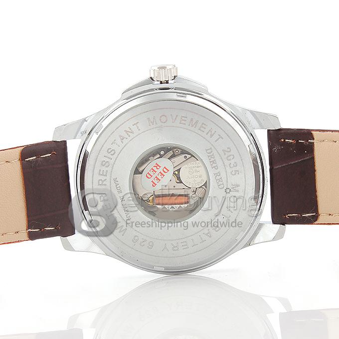 DEEP RED 2129 Hollow Silver Case Round Dial Brown Leather Band Unisex Quartz Wrist Watch - White