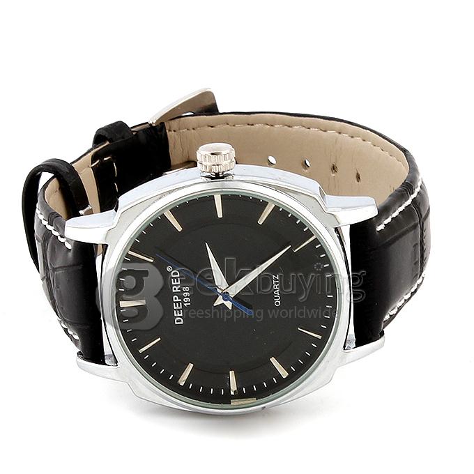 DEEP RED 2116 Hollow Silver Case Round Dial Black Leather Band Unisex Quartz Wrist Watch - Black