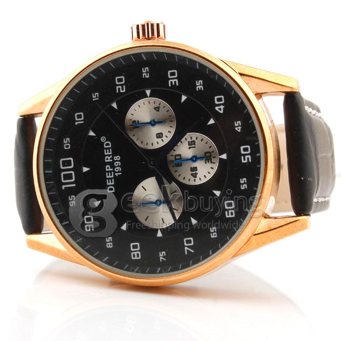 DEEP RED 2130 Hollow Gold Case Round Dial Black Leather Band Unisex Quartz Wrist Watch - Black