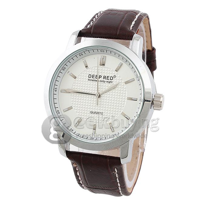 DEEP RED 2267 Hollow Silver Case Round Dial Brown Leather Band Unisex Quartz Wrist Watch - White