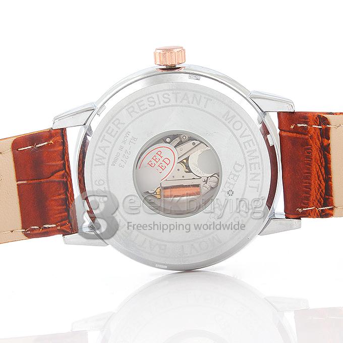 DEEP RED 2173 Hollow Gold Case Round Dial Brown Leather Band Unisex Quartz Wrist Watch - White