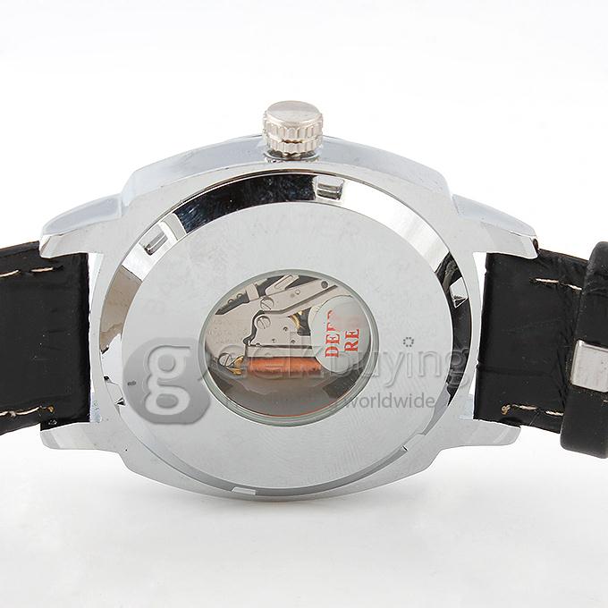 DEEP RED 2116 Hollow Silver Case Round Dial Black Leather Band Unisex Quartz Wrist Watch - Black