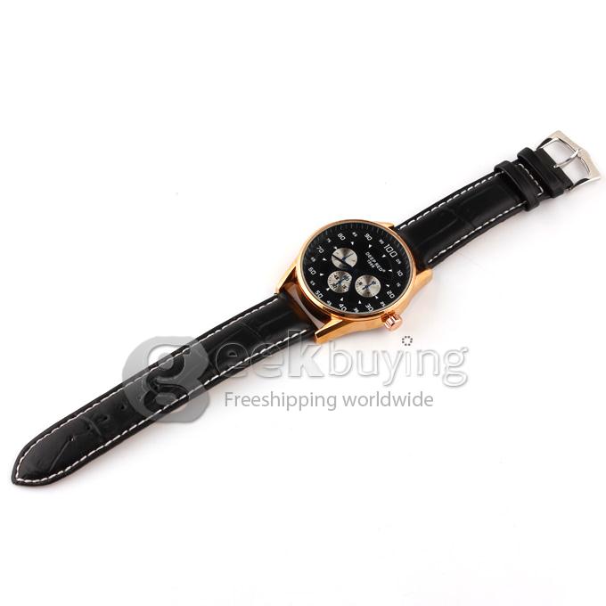 DEEP RED 2130 Hollow Gold Case Round Dial Black Leather Band Unisex Quartz Wrist Watch - Black