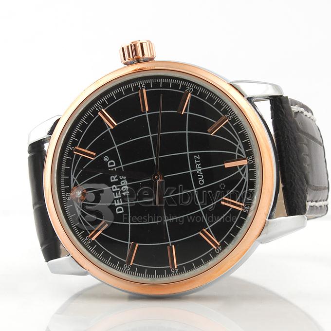 DEEP RED 2173 Hollow Gold Case Round Dial Black Leather Band Unisex Quartz Wrist Watch - Black