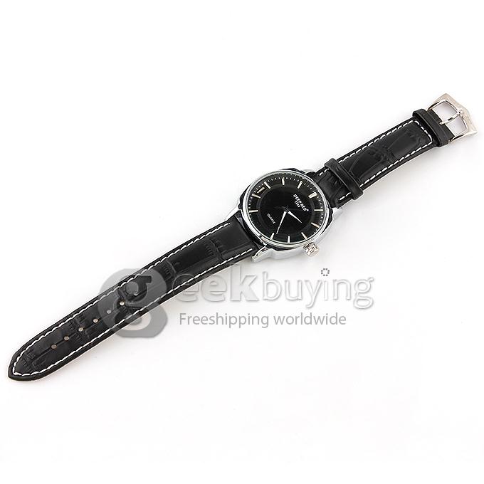 DEEP RED 2116 Hollow Silver Case Round Dial Black Leather Band Unisex Quartz Wrist Watch - Black