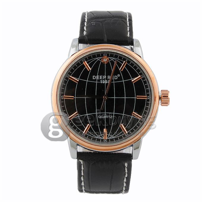 DEEP RED 2173 Hollow Gold Case Round Dial Black Leather Band Unisex Quartz Wrist Watch - Black