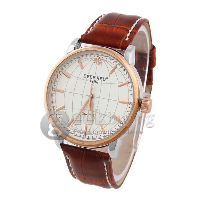 DEEP RED 2173 Hollow Gold Case Round Dial Brown Leather Band Unisex Quartz Wrist Watch - White