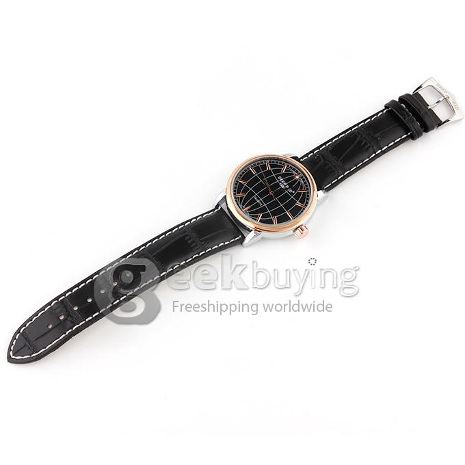 DEEP RED 2173 Hollow Gold Case Round Dial Black Leather Band Unisex Quartz Wrist Watch - Black