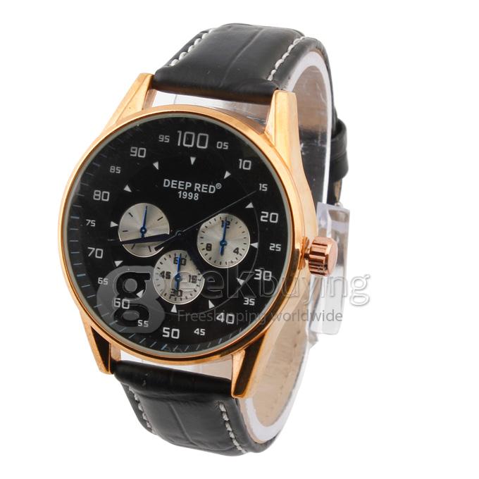 DEEP RED 2130 Hollow Gold Case Round Dial Black Leather Band Unisex Quartz Wrist Watch - Black