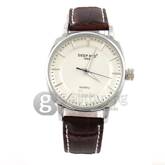 DEEP RED 2116 Hollow Silver Case Round Dial Brown Leather Band Unisex Quartz Wrist Watch - White