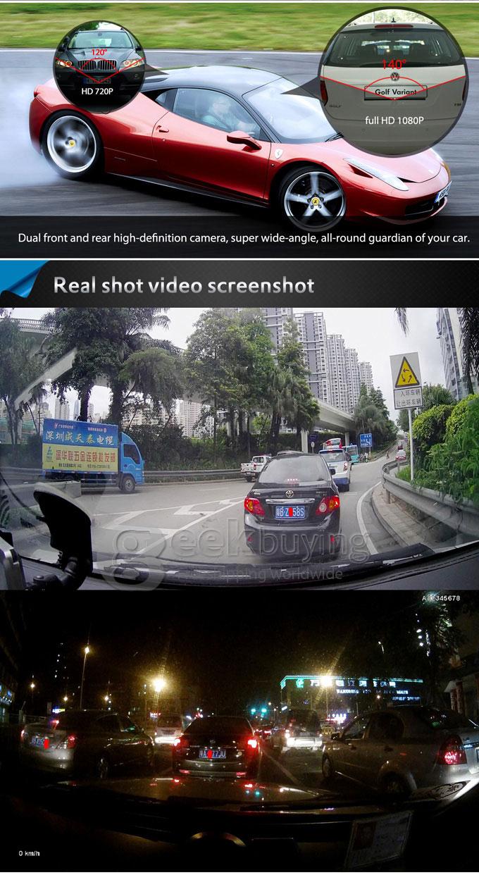 G5WB Allwinner A10 Dual Lens 1080P + 720P H.264 3.0 Inch 140 Degrees Wide Angle Lens Car DVR with Motion Detection and IR Night Vision