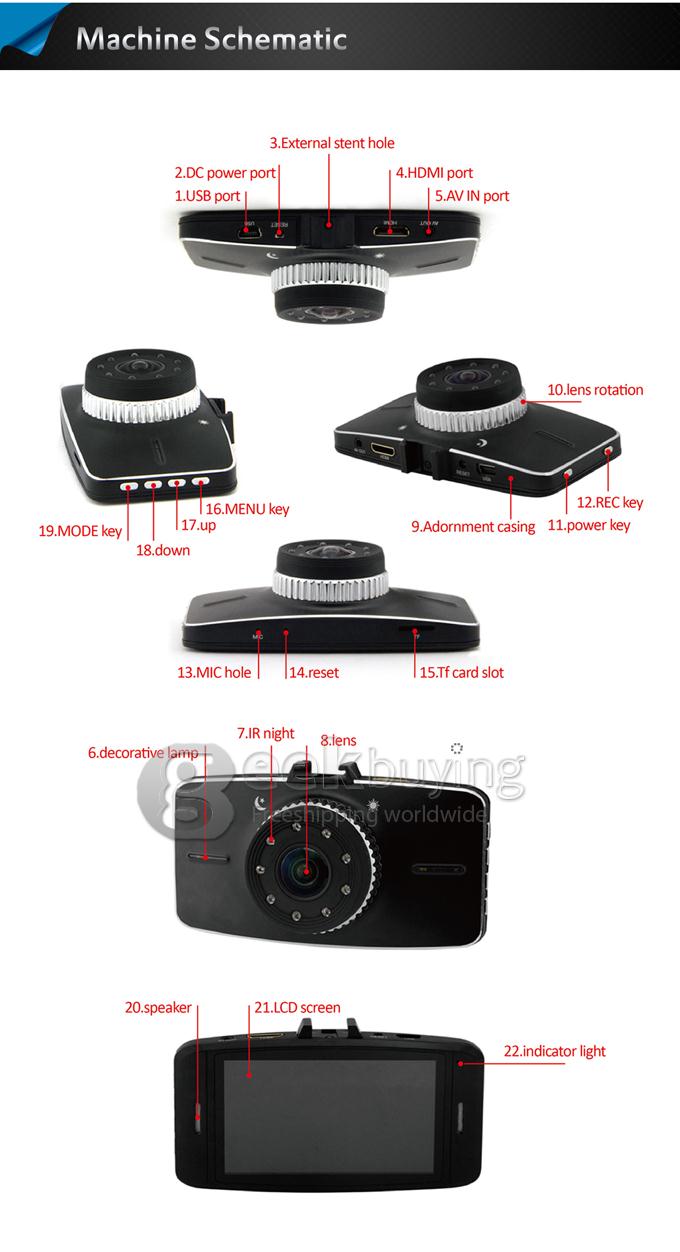 G5WB Allwinner A10 Dual Lens 1080P + 720P H.264 3.0 Inch 140 Degrees Wide Angle Lens Car DVR with Motion Detection and IR Night Vision